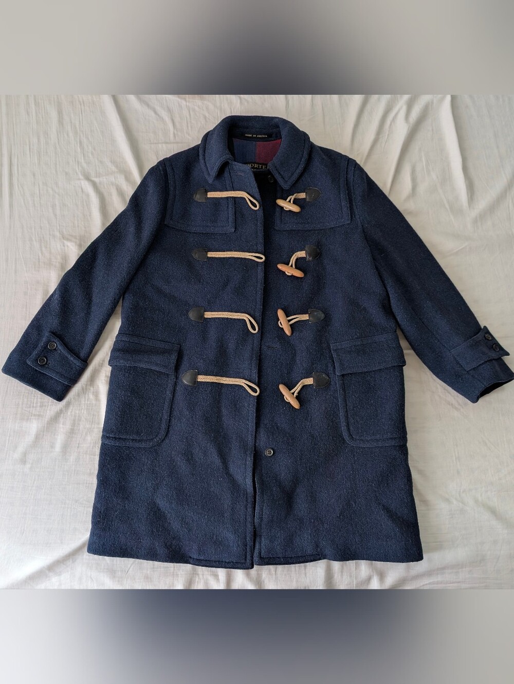 Vintage Lodenfrey Navy Wool Toggle Duffle Coat Plaid Lined Austria Made Size S/M